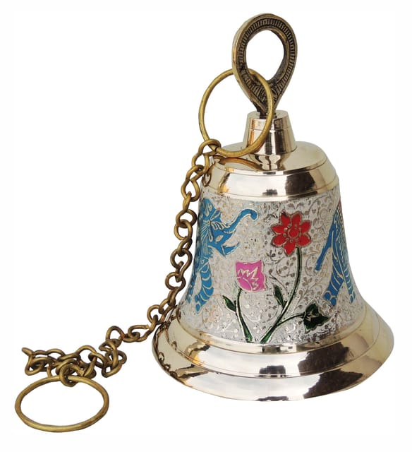 Hand-Painted Brass Hanging Bell with Elephant Motif 7 Inches-ArtyCraftz.com