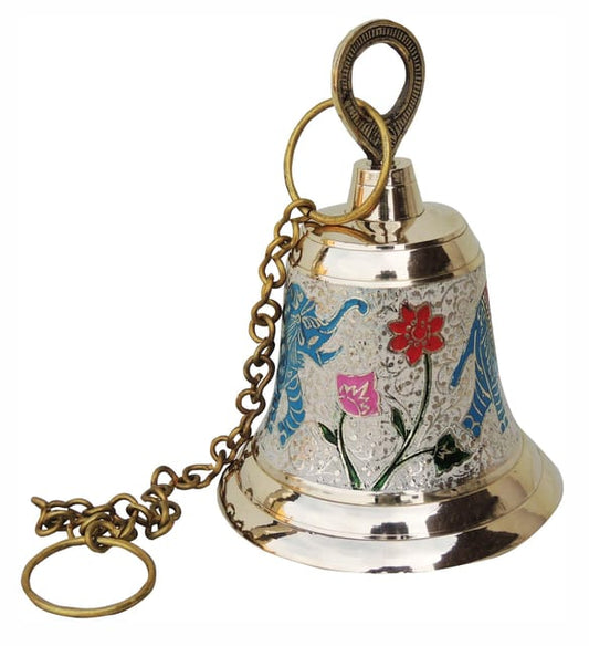 Hand-Painted Brass Hanging Bell with Elephant Motif 7 Inches-ArtyCraftz.com