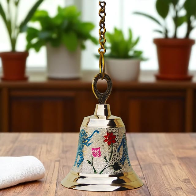 Hand-Painted Brass Hanging Bell with Elephant Motif 7 Inches-ArtyCraftz.com