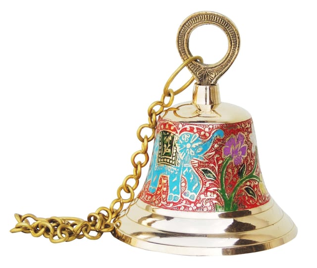Hand-Painted Brass Hanging Pooja Bell with Elephant Motif 8.6 Inches