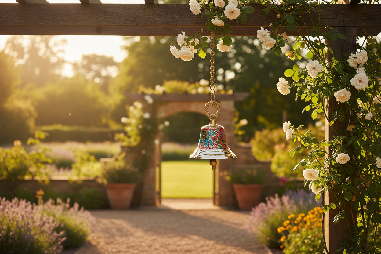 Hand-Painted Brass Hanging Pooja Bell with Elephant Motif 8.6 Inches