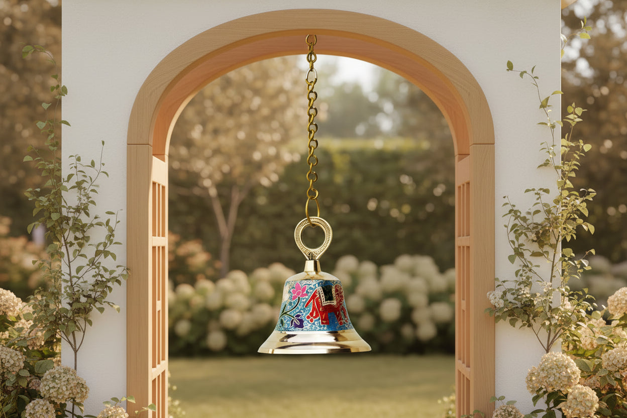 Hand-Painted Brass Hanging Pooja Bell with Elephant Motif 8.6 Inches