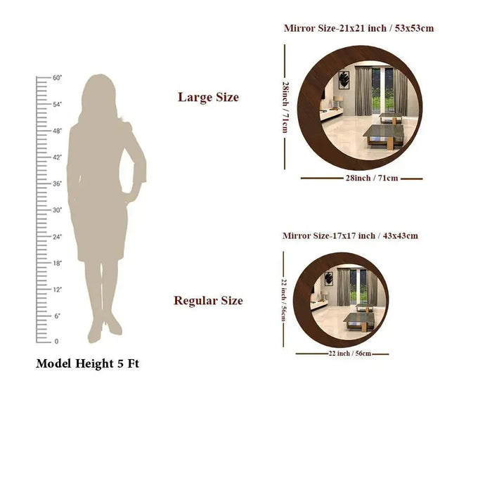 Size chart comparing mirror dimensions with a model height