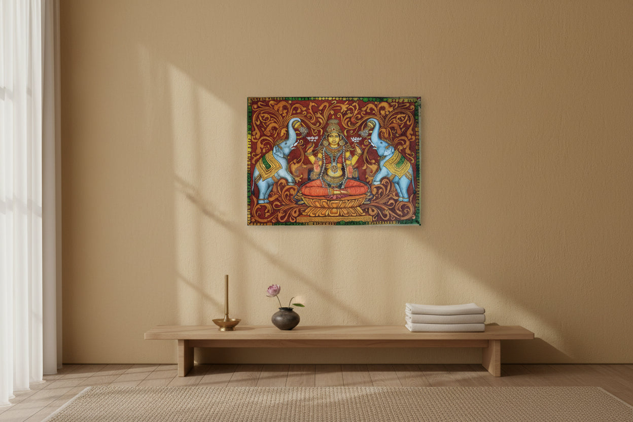 Goddess Lakshmi with Elephants Kerala Wall Mural Painting-ArtyCraftz.com