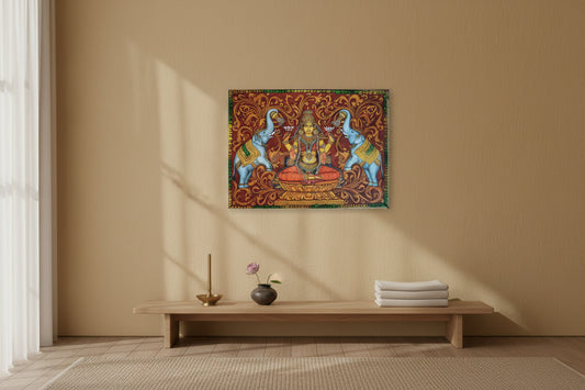 Goddess Lakshmi with Elephants Kerala Wall Mural Painting-ArtyCraftz.com