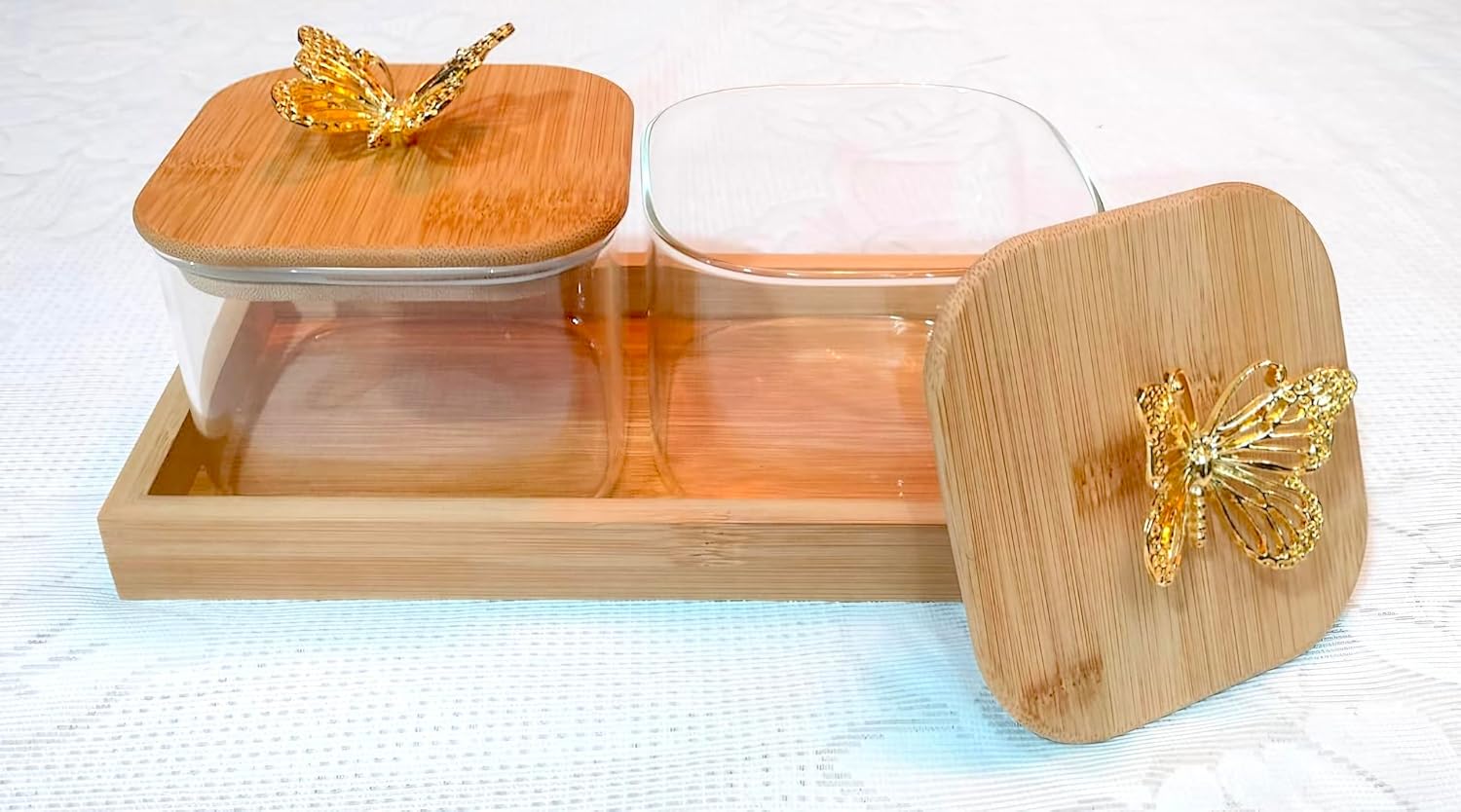 Glass Storage Jars canister with Golden butterfly toppers and wooden tray - ArtyCraftz