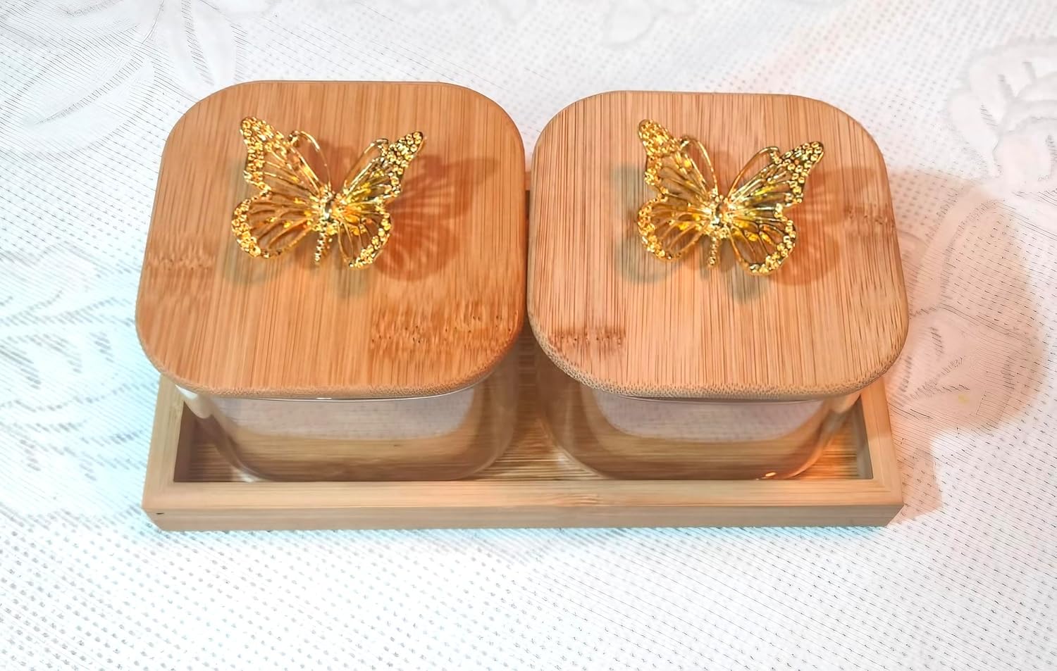Glass Storage Jars canister with Golden butterfly toppers and wooden tray - ArtyCraftz