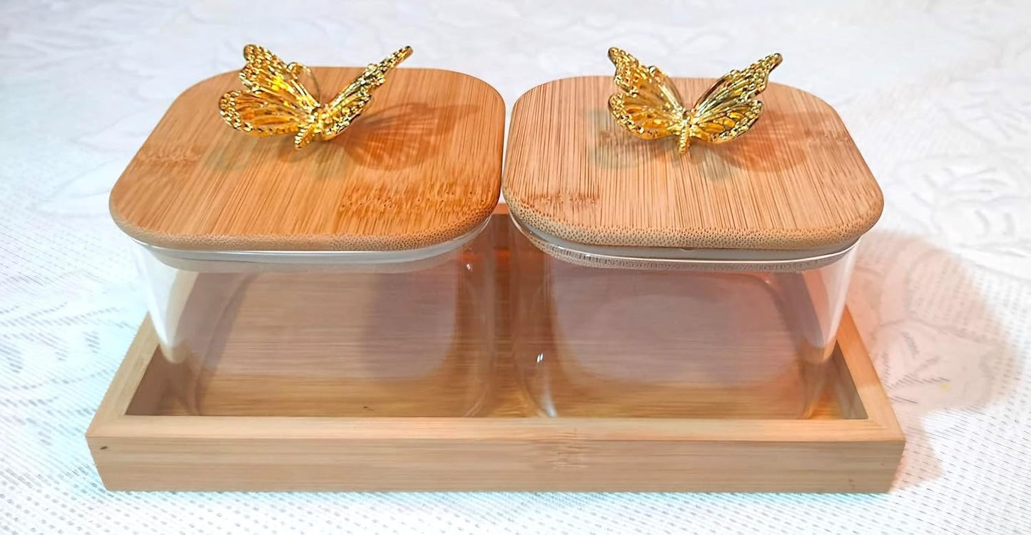 Glass Storage Jars canister with Golden butterfly toppers and wooden tray - ArtyCraftz