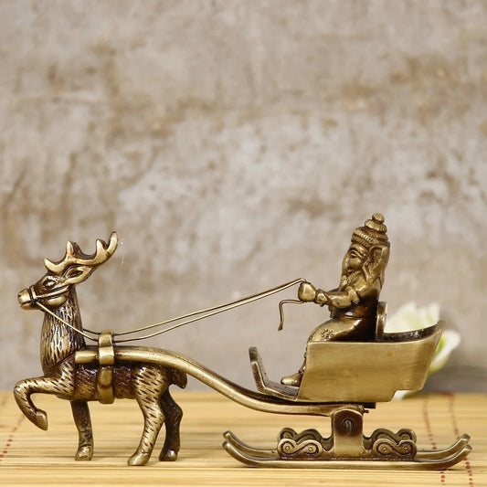 Gold Brass Ganesha Enjoying Ride With Deer Cart Decorative Showpiece - ArtyCraftz