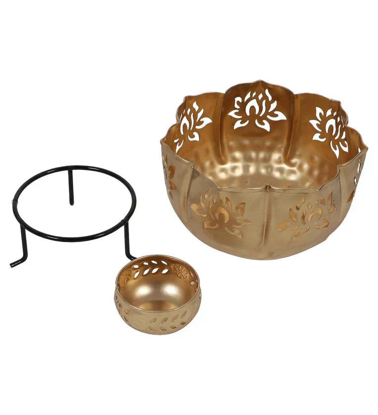 Gold Iron Big Lotus Urli With Stand & Bowls, Set Of 10