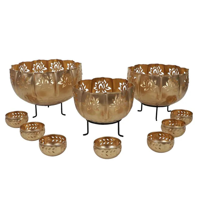 Gold Iron Big Lotus Urli With Stand & Bowls, Set Of 10