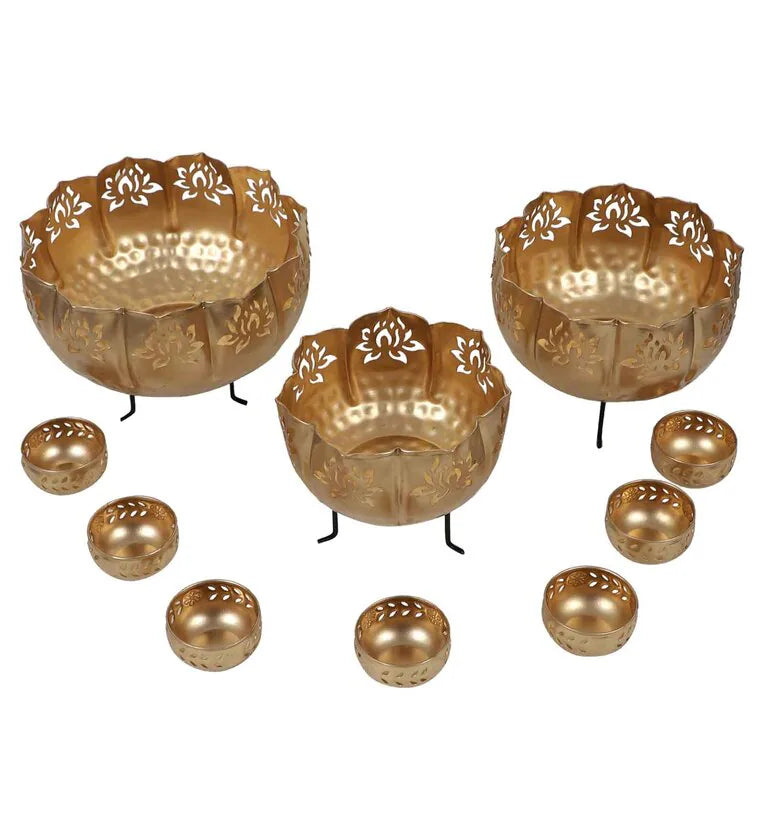 Gold Iron Big Lotus Urli With Stand & Bowls, Set Of 10