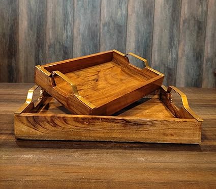 Set of 2 handcrafted acacia wood serving trays with brass arch handles — large 14x10 inch and small 12x8 inch, natural dark golden-brown grain finish — ArtyCraftz