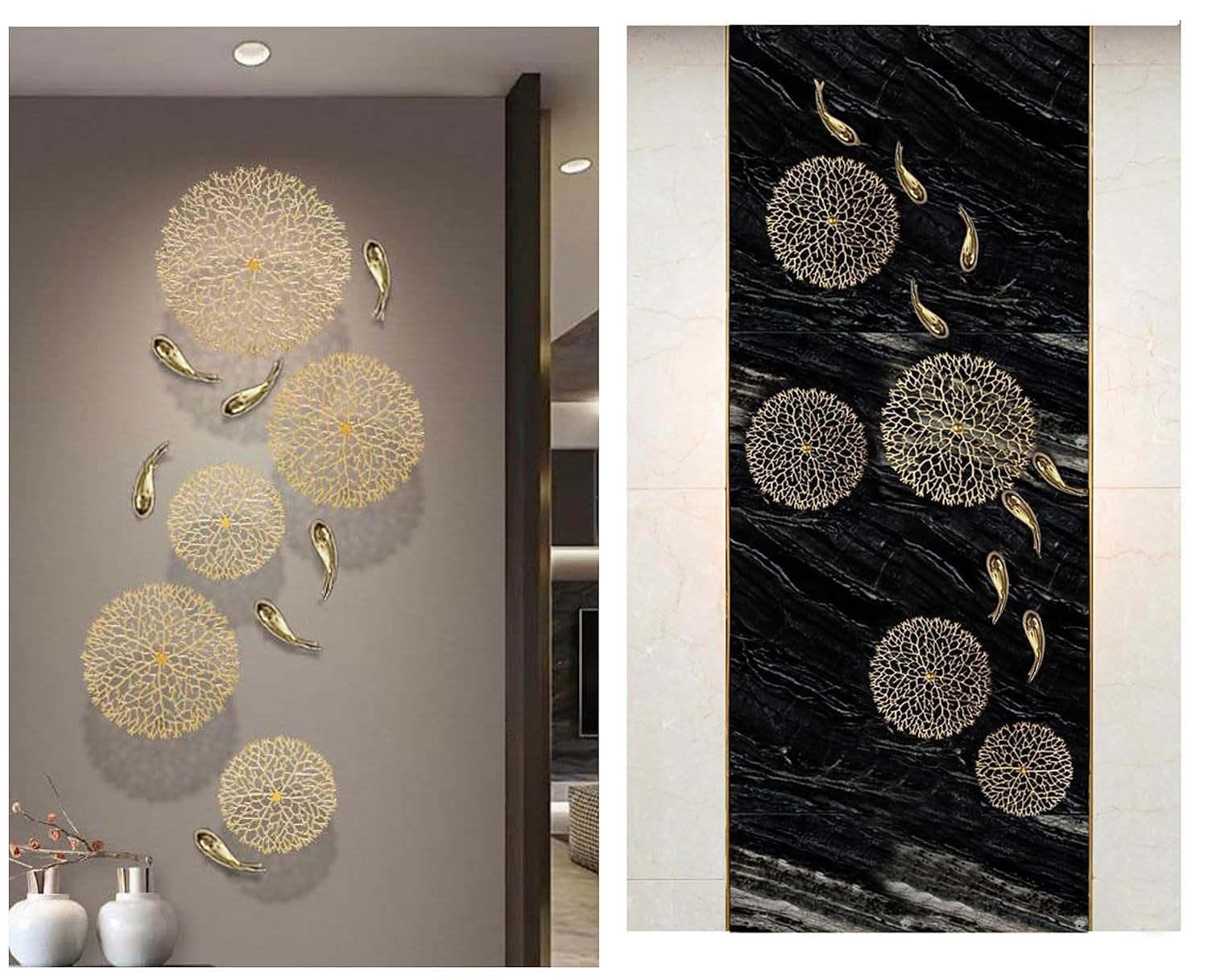 Golden Aluminium 5 Corals with 7 Fishes Wall Art - ArtyCraftz