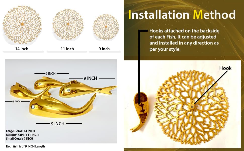 Golden Aluminium 5 Corals with 7 Fishes Wall Art - ArtyCraftz