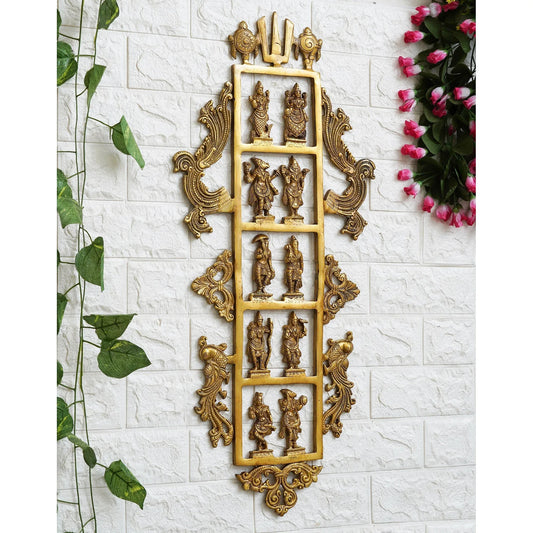 Golden Brass Lord Vishnu Dashavatara - Ten Incarnations of Vishnu Religious Wall Hanging - ArtyCraftz