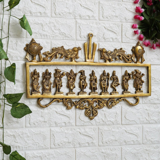 Golden Brass Vishnu Dashavatara - Ten Incarnations of Lord Vishnu Religious Wall Hanging - ArtyCraftz