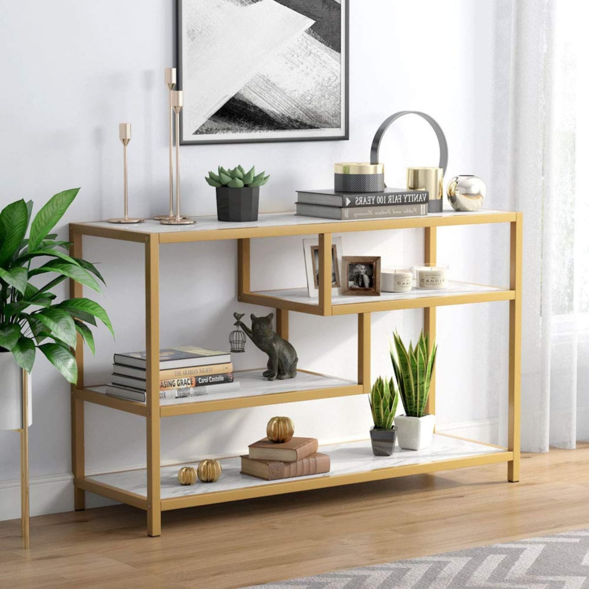 Golden Finish Console Table with Marble Top - ArtyCraftz