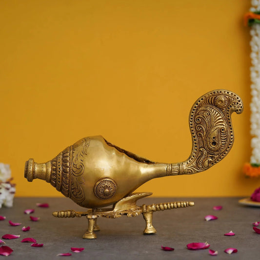 Golden Shankh (Conch) with a Stand Decorative Handcrafted Brass Showpiece - ArtyCraftz
