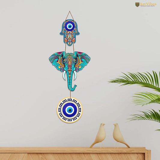Hamsa Hand and Elephant Wooden Wall Hanging - ArtyCraftz