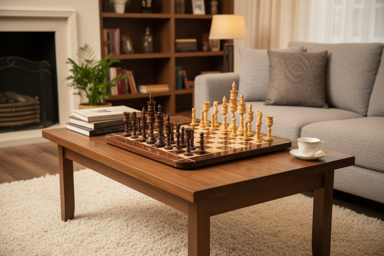 hand carved lotus chess set with glossy board-ArtyCraftz.com