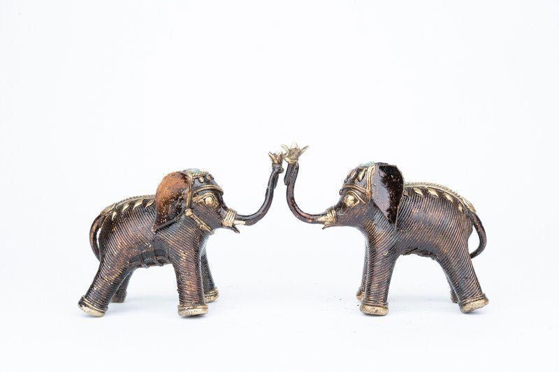 Handcrafted Brass Dhokra Elephant Pair Statue Trunk Up - ArtyCraftz