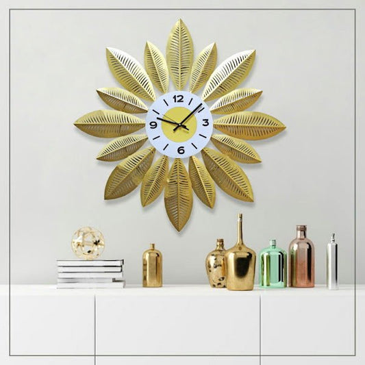 Handcrafted Golden Leaves Stylish Metal Wall Clock - ArtyCraftz