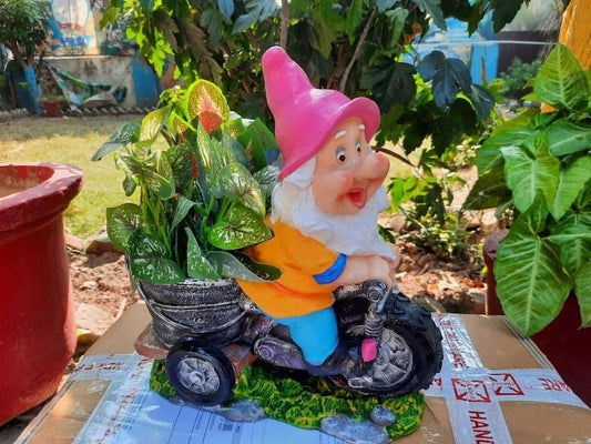 Handcrafted Resin Gnome riding Bike with Flower Pot / Planter for Home, garden ,Balcony 12*12 Inches - ArtyCraftz