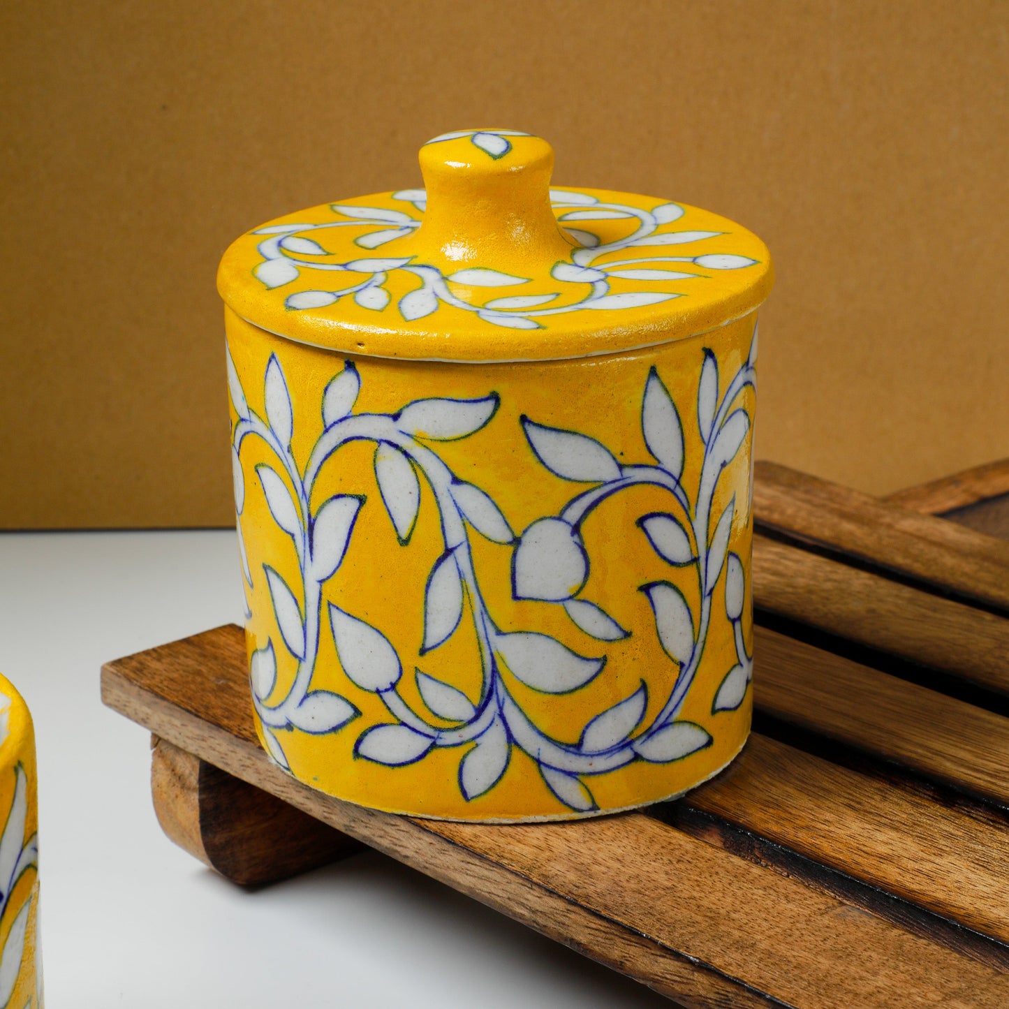 handcrafted yellow ceramic jar with white floral design and lid-ArtyCraftz.com