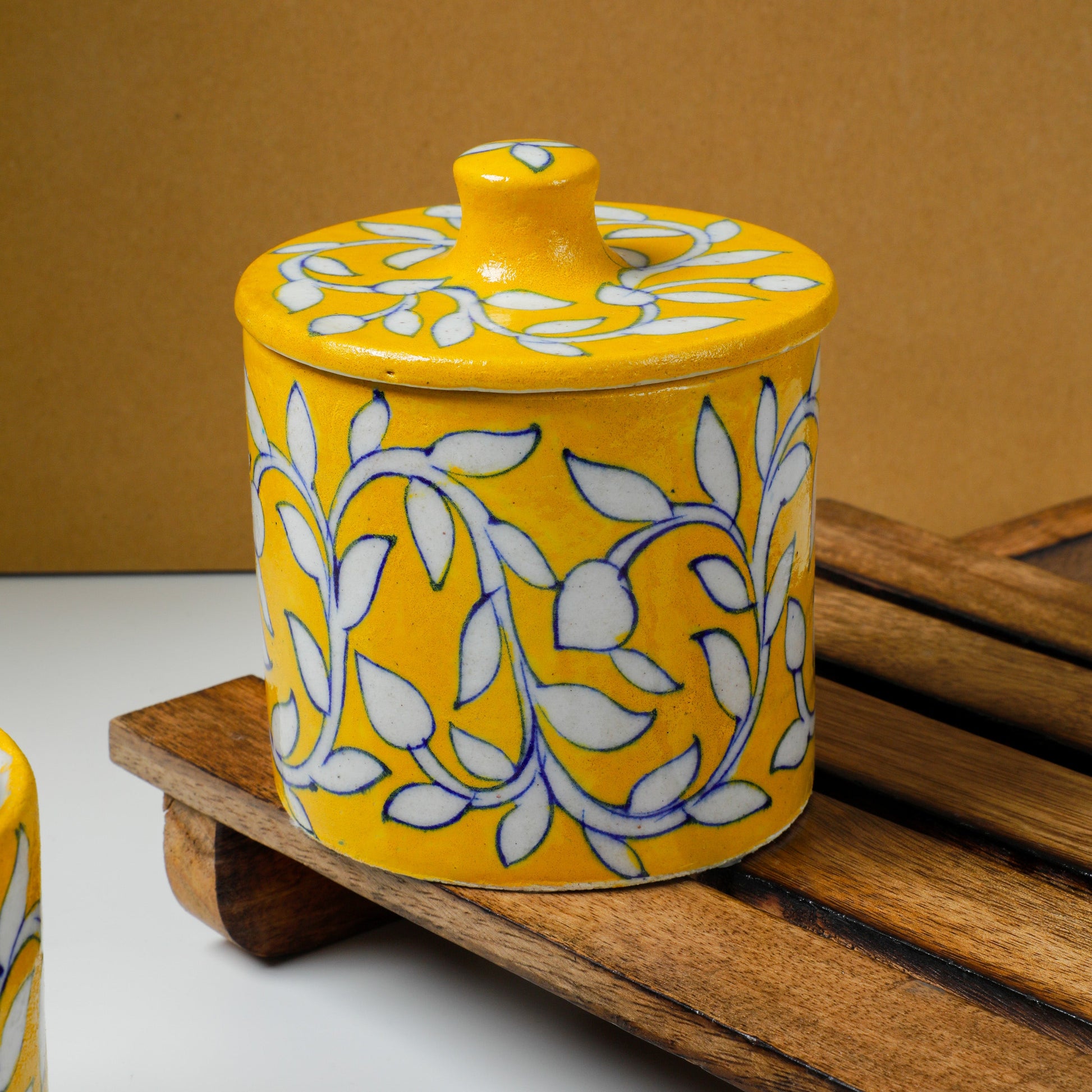 handcrafted yellow ceramic jar with white floral design and lid-ArtyCraftz.com