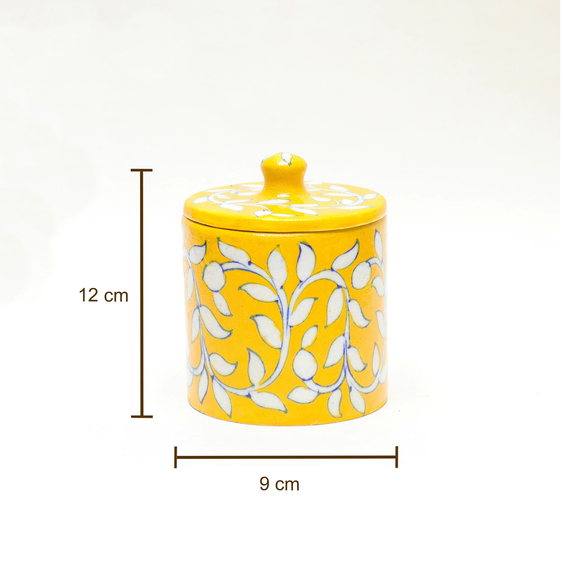 handcrafted yellow ceramic jar with white floral design and lid-ArtyCraftz.com