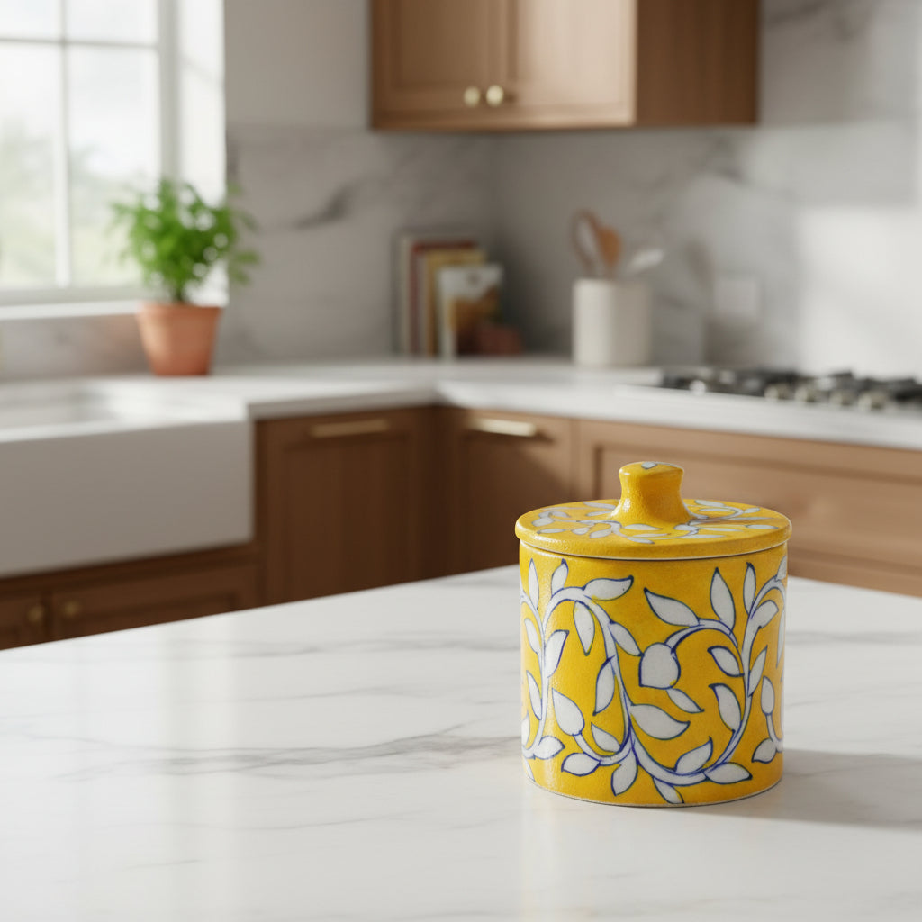 handcrafted yellow ceramic jar with white floral design and lid-ArtyCraftz.com