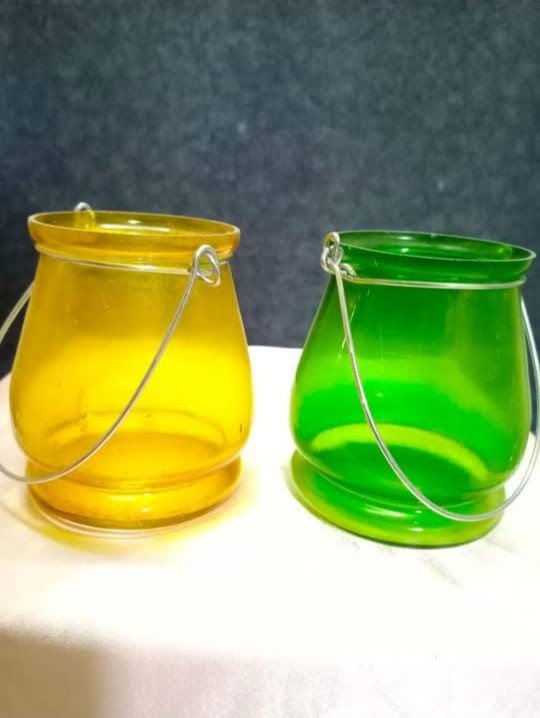 Handmade Hanging Glass T - Light Holder with Metal Handle Set of 2 Yellow with Green Color - ArtyCraftz