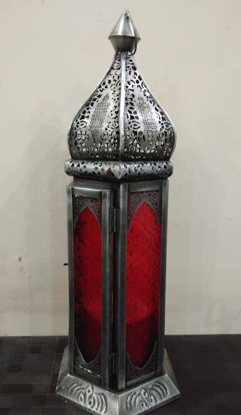 Handmade Moroccan Tonal Glass Tea Light Lanterns for Gifting 18 Inches Red Color - ArtyCraftz