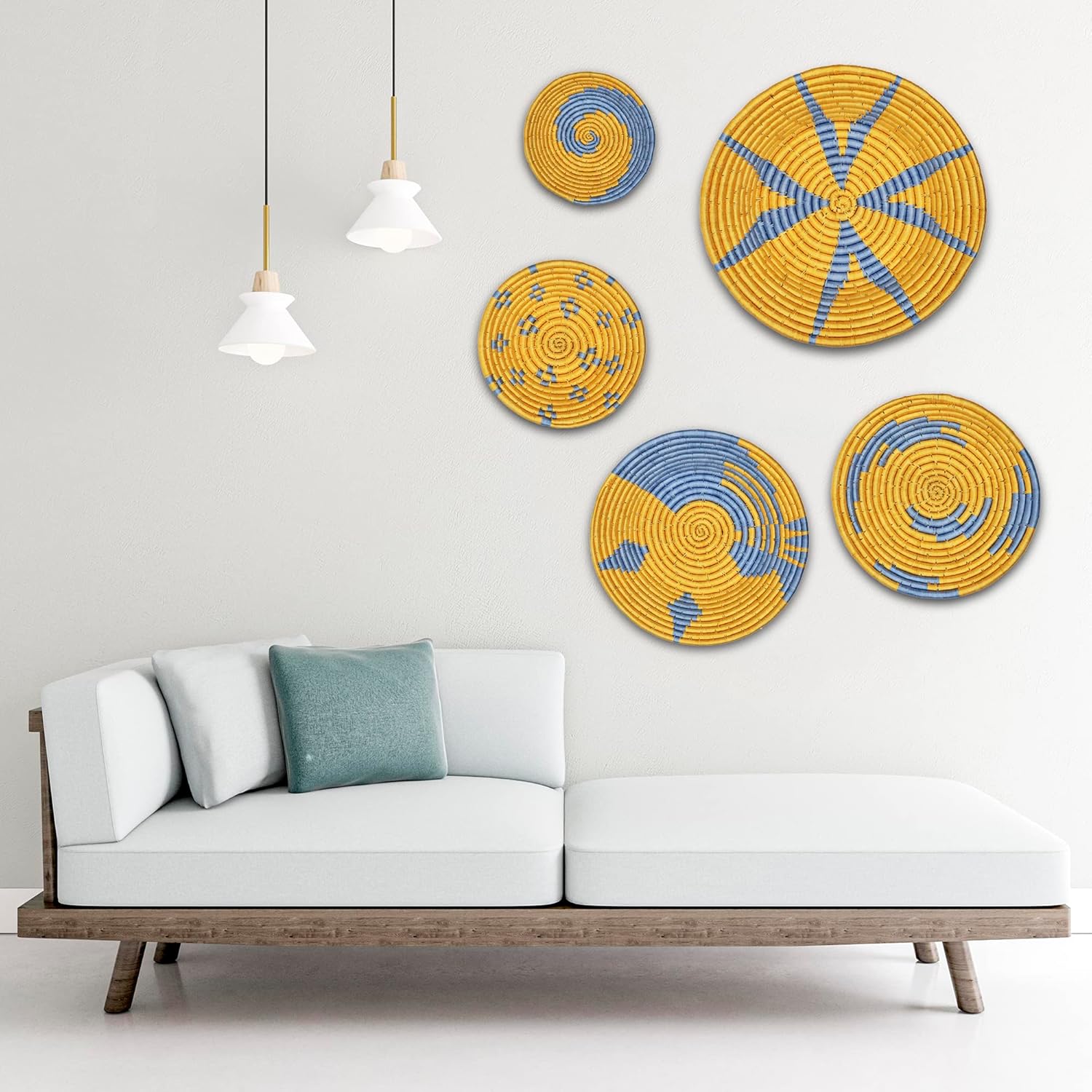 Handwoven Bright Yellow and Blue Sabai Grass Wall Plate - ArtyCraftz