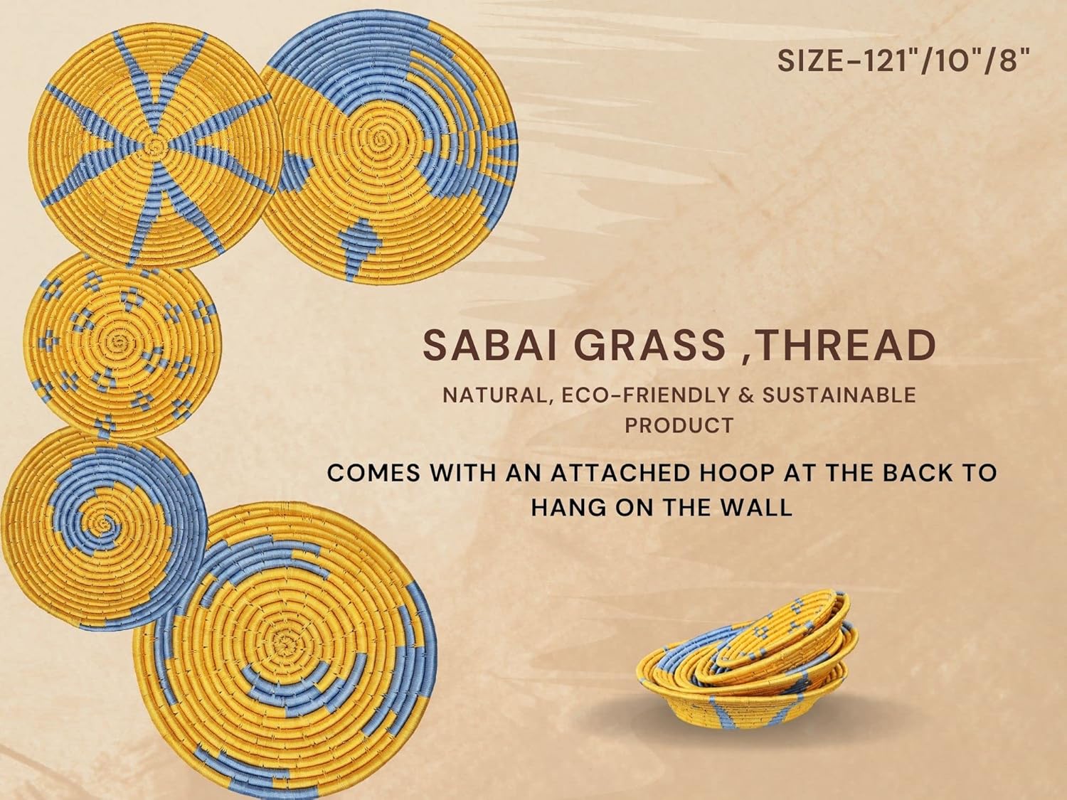 Handwoven Bright Yellow and Blue Sabai Grass Wall Plate - ArtyCraftz