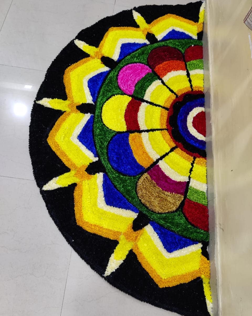 Handwoven Half Round Rangoli Door Mat Black with Multi Color - ArtyCraftz