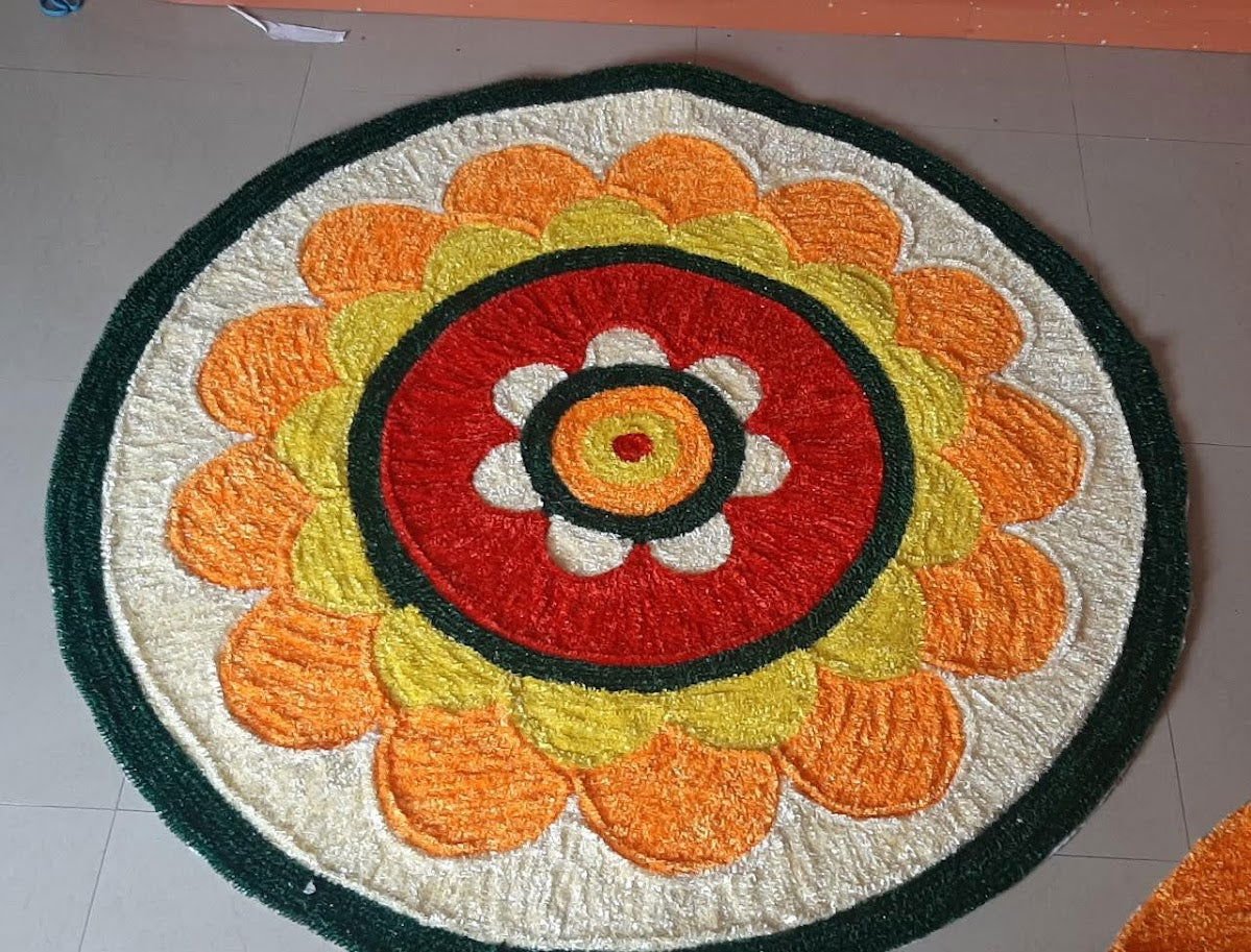 Handwoven Multi Color Rangoli with White and Black Base Woolen and Canvas Mat - ArtyCraftz