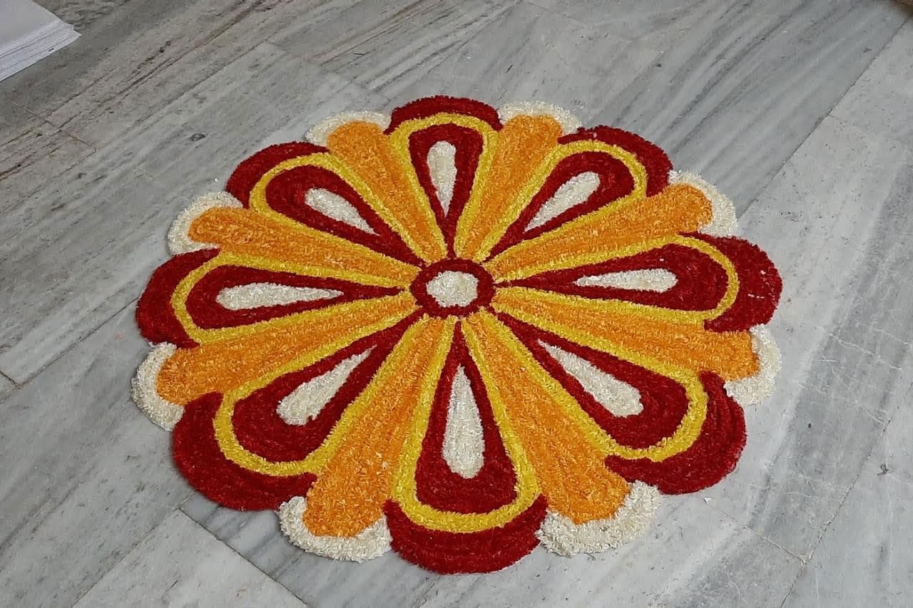 Handwoven White, Red, Yellow Floral Rangoli Mat - ArtyCraftz