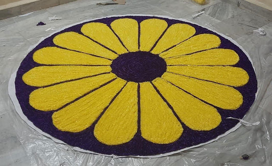 Handwoven Woolen and Canvas Rangoli Mat and Carpet for Bedroomand Living Room 5*5 Feet Blue with Yellow Color - ArtyCraftz