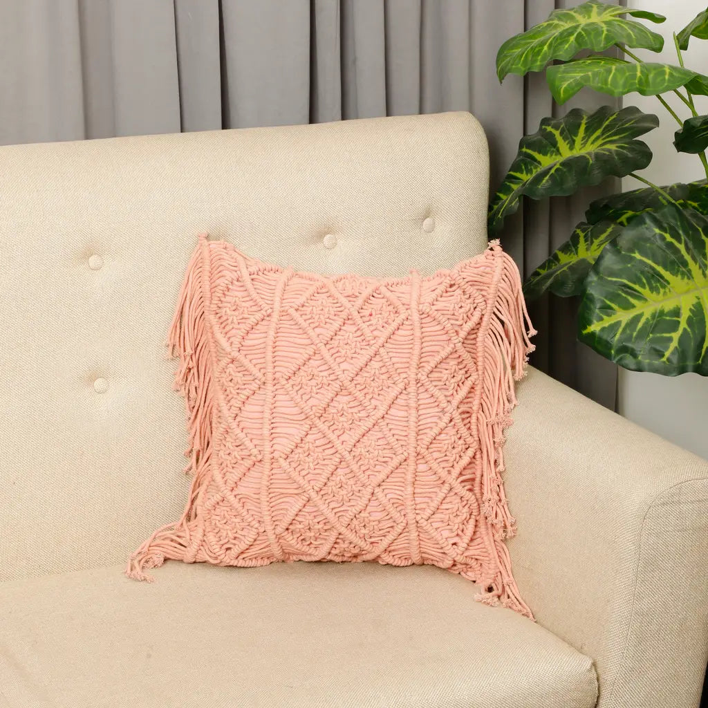 Light Pink 3 Sections Diamonds and Fringes Macrame Cushion Cover