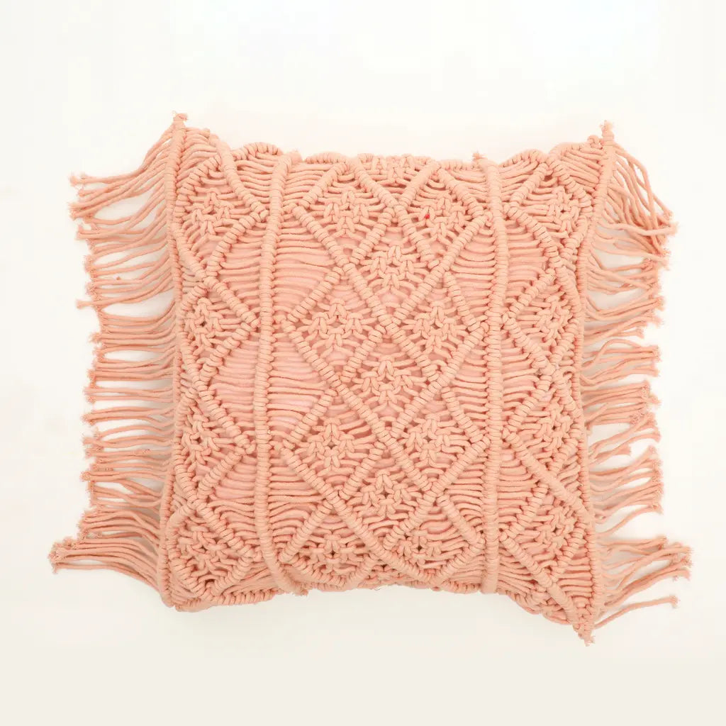 Light Pink 3 Sections Diamonds and Fringes Macrame Cushion Cover