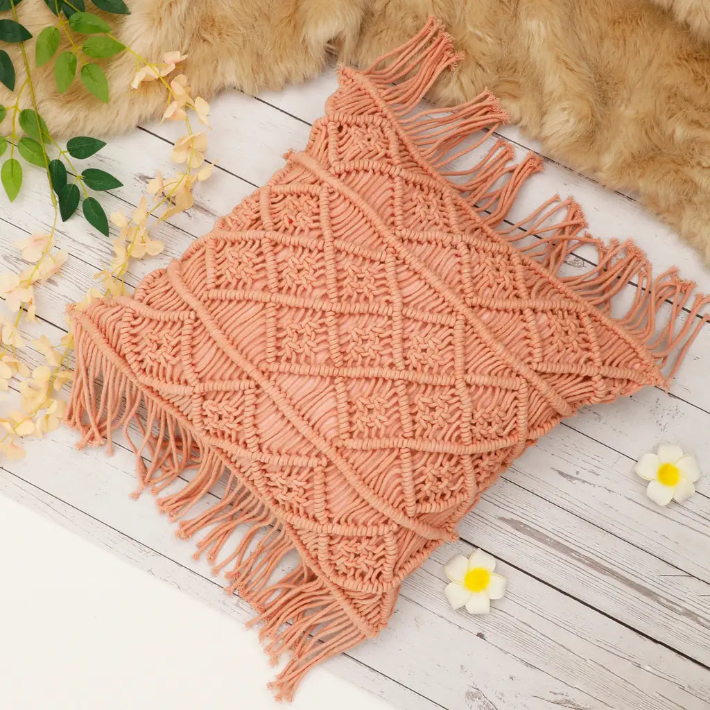 Light Pink 3 Sections Diamonds and Fringes Macrame Cushion Cover