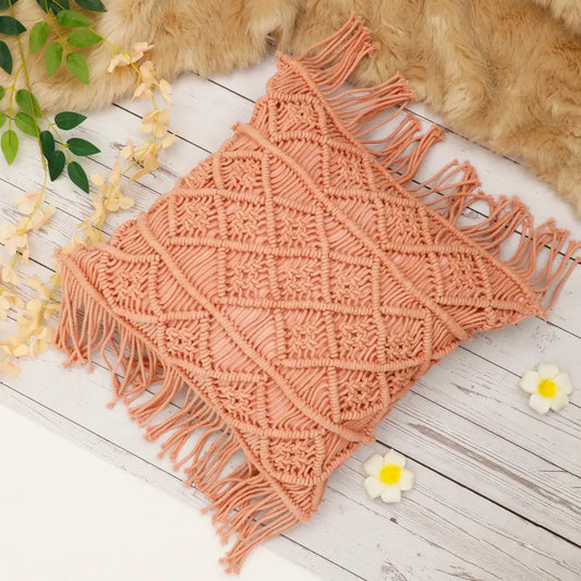 Light Pink 3 Sections Diamonds and Fringes Macrame Cushion Cover