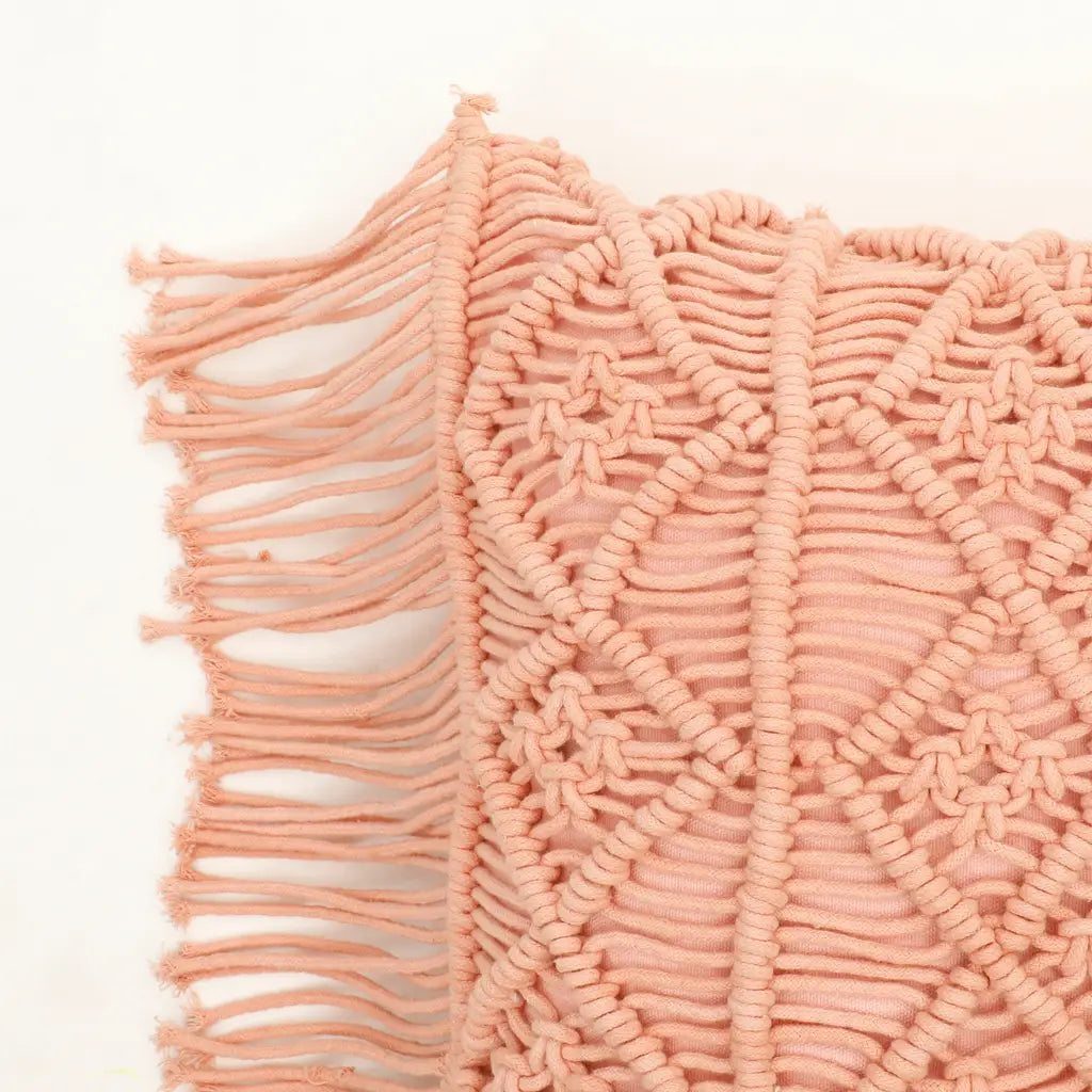 Light Pink 3 Sections Diamonds and Fringes Macrame Cushion Cover
