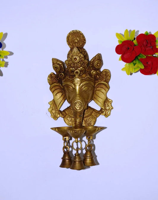 Brass Ganesh Wall Hanging with 3 Diyas & Bells-ArtyCraftz.com