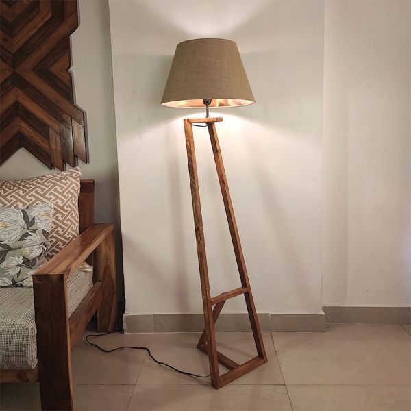 Angular Wooden Floor Lamp with Brown Base and Premium Beige Fabric Lampshade