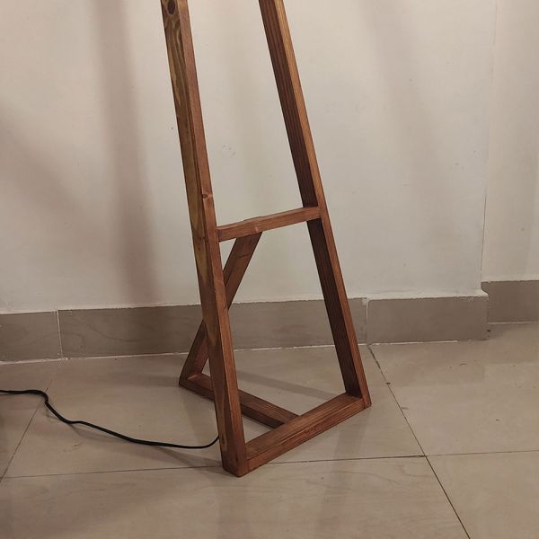 Angular Wooden Floor Lamp with Brown Base and Premium Beige Fabric Lampshade