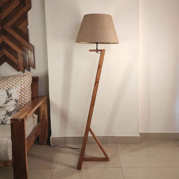 Angular Wooden Floor Lamp with Brown Base and Premium Beige Fabric Lampshade