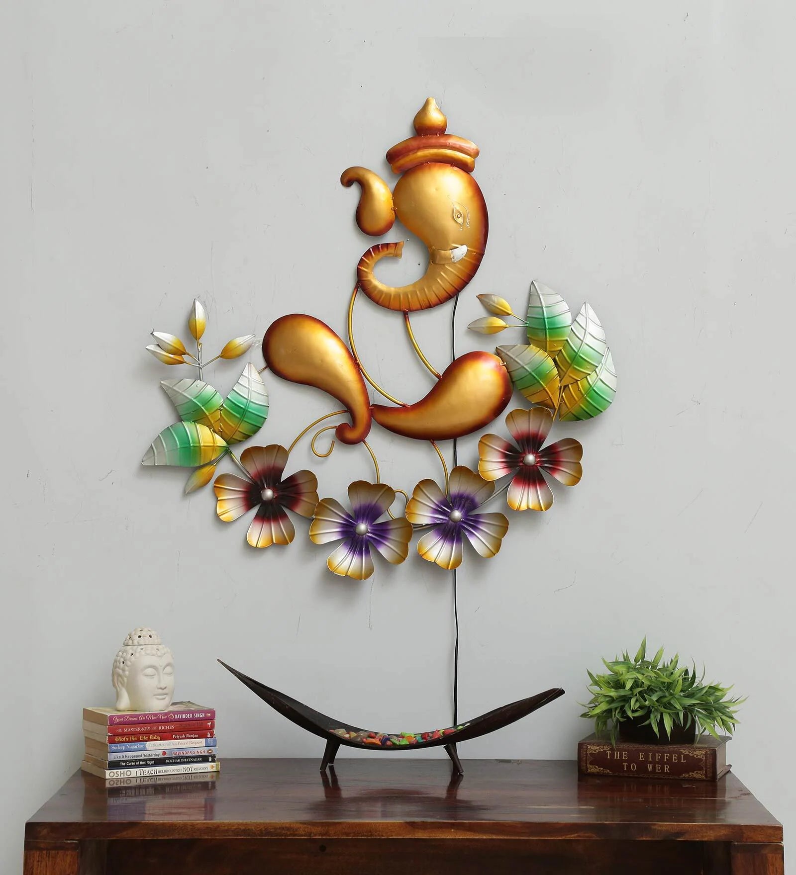 Divine Ganesha Metal Wall Art with Floral Design-ArtyCraftz.com